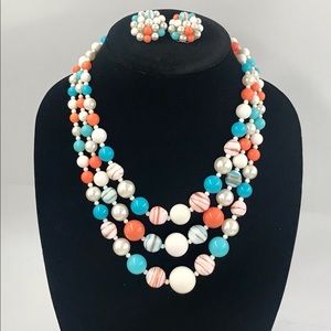 Vintage 3 Strand Necklace with Clip On Earrings